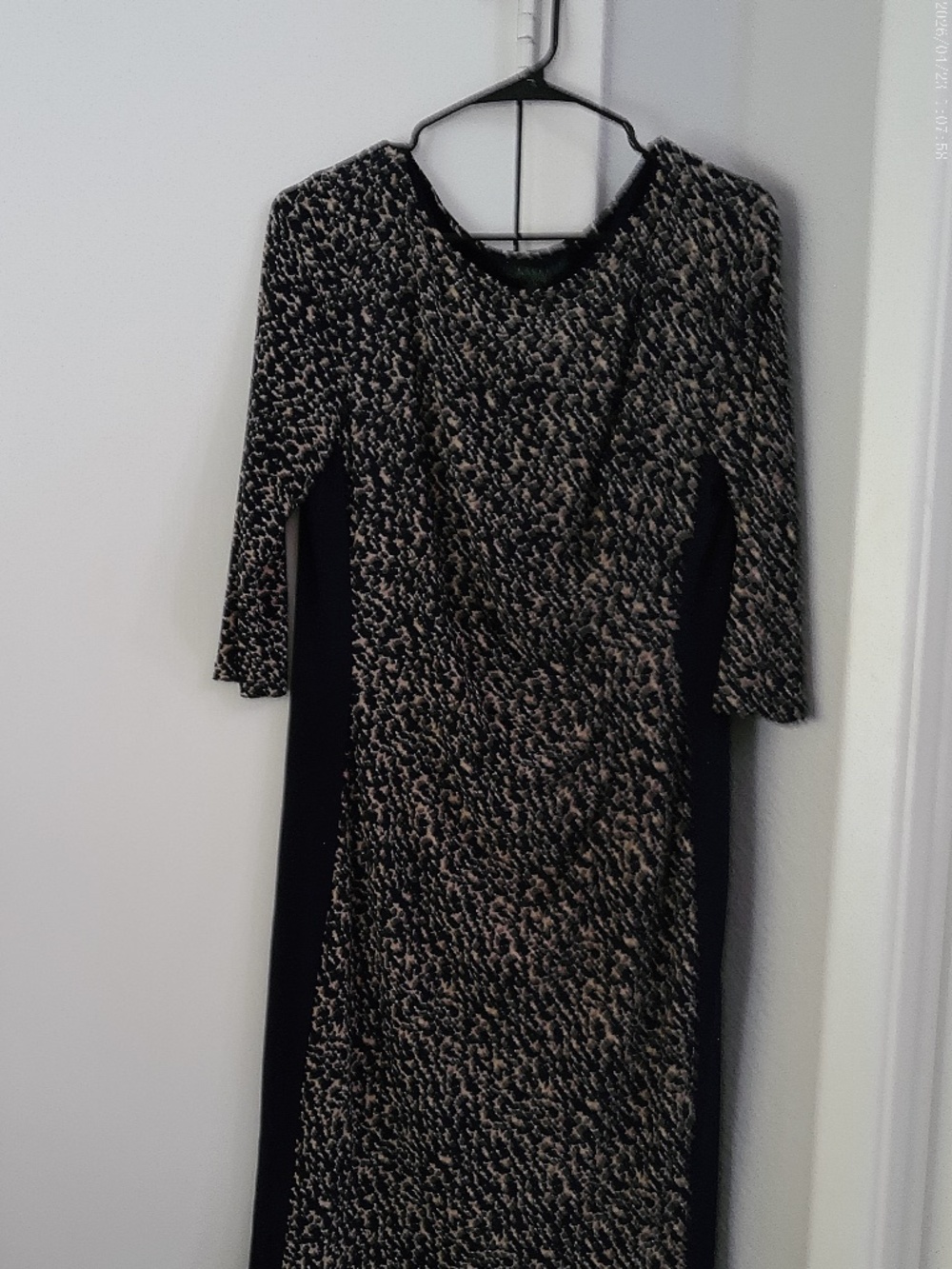 RALPH LAUPHEN Navy Splash of Tan GORGEOUS Polyester Blend Midi Dress Size 14